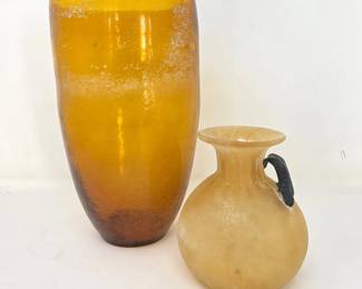 -Italian Frosted Art Glass Bud Vase & Hand Blown Amber Frosted Glass Vase