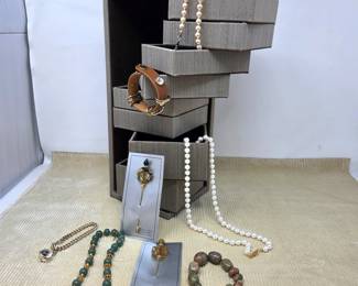 Assorted Fashion Jewelry, Jewelry Box & Handmade Murano Glass Hat Pins