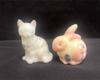 Fenton Cat And Rabbit HandPainted Figures