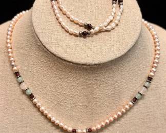 Pearl And Stone Beaded Necklace And Bracelet