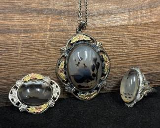 Sterling And Dendritic Agate Stone Necklace Ring And Brooch