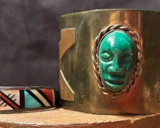 CM Booqua Zuni Bracelet  Carved Green Malachite Face Cuff Bracelet