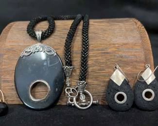 Black Onyx Pendant In Sterling Setting With Beaded Chain
