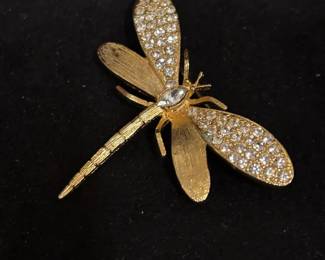 Vintage Givenchy Gold Tone And Rhinestone Dragonfly Brooch