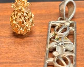 14K Gold Pineapple And Sterling Plumeria And Turtle Pendant