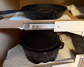 Cast iron skillet and covered soup pot