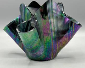 48 MuranoIridescentFoldedArtGlassVaseSignedZuko
