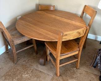Antique Table & 4 Child's School Chairs