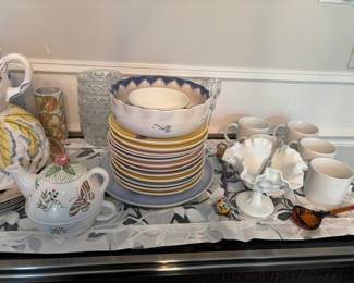 Plates, Wedgwood Cups, Milk Glass