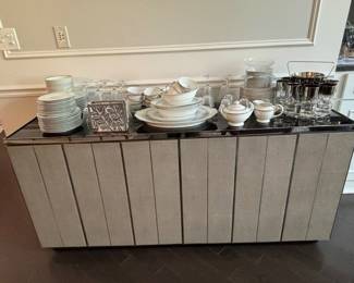 Grey 3-Door Cabinet, Glass Top