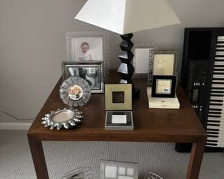 Wood Table, Lamp, Frames
