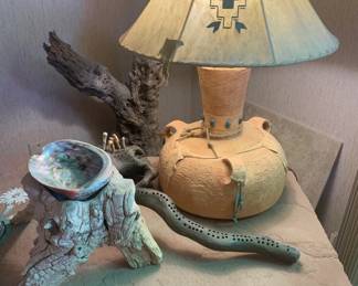 SW Style Table Lamp, Handcrafted Cribbage Game, Wood and Abalone Statue, Pine Table w/ Painted Stone Top