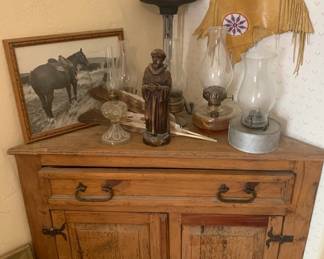 Collection of Vintage Oil Lamps, Rustic Pine Corner Hutch $250, Hand Carved St Francis Statue, One of Many Beaded Native American Bags
