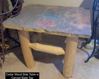 Custom Cedar Wood Side Table w/ Carved Slate Top $450 (24 x 18 x 20)