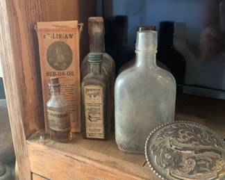 Antique Bottles and Metal Belt Buckle