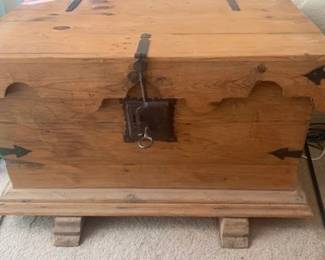 1800s Mexican Chest with Lock and Key, Iron Bands, and Skid Feet $250