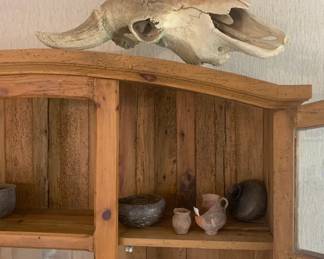 Large Natural Bison Head and Native American Pottery