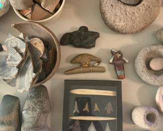 Native American Pottery Chards, Stone Morter and Pestle, Prehistoric Axe Pieces, Carved Stone Pipes, Framed Arrowheads