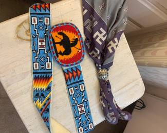 Native American Beaded Belt Buckle and Silk Scarf