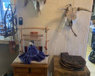 Two Bison Skulls, Native American Weaving Sculpture, Lattice Front Rustic Cabinet, Antique Side Table