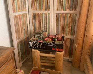Custom Colored Twig Screen, Vintage Commercial Tins, Log and Glass Nightstand