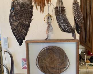 Tile Top Rustic Chest, Framed Papago Basket, Pam Weister "Shadow Walker" Mask, Native American Artifacts