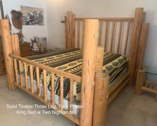 Custom Built Three Log, Four Poster King Bed w/ Two Nightstands $1800 (96 x 92 x 71.25)
