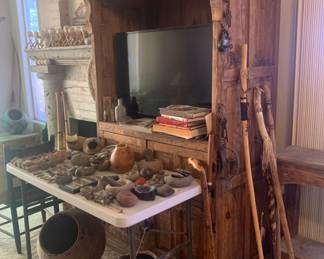 Rustic TV and Storage Cabinet, Native American Cooking Pots, Walking and Talking Sticks, Stone Artifacts
