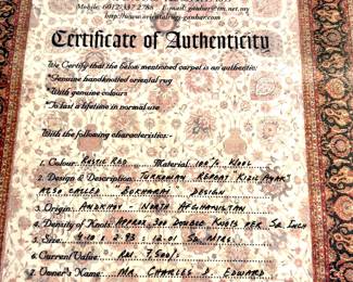 Certificate for rug