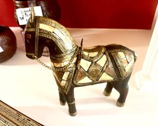 Vintage wood horse with brass and bone inlay