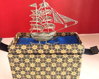 Vintage filigree sterling ship in box