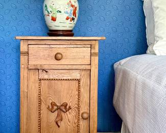 Vintage Nightstands, One Drawer and Storage, Carved Bow - Pair