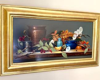 Still Life Oil Painting Signed KAH (Katherine Ann Hartley) "Blue Bowl and Red Orange" 