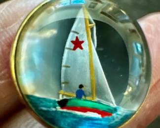 14K Reverse Painted on Glass Sailboat Tie Tack