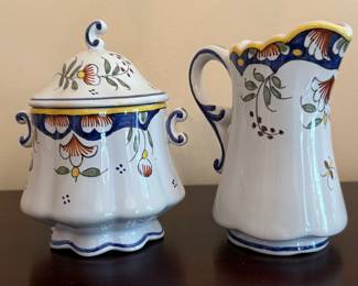Faint Main Pottery Creamer & Sugar Bowl (France)