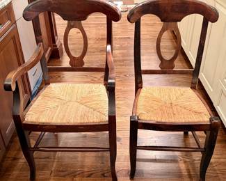 (8) Pottery Barn Nepolean Walnut Dining Chairs with Rush Seats