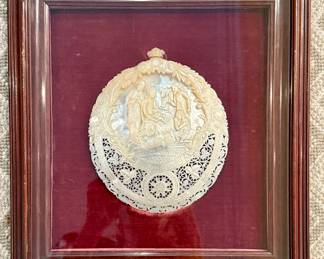 19th c Bethlehem Hand Carved MOP Nativity Scene, Framed