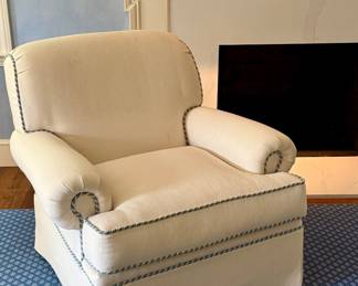 Ivory Upholstered Armchair with Blue and Ivory Piping