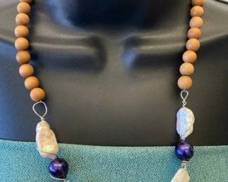 VBB518 Artisan Style Wooden Bead Necklace with Baroque Pearl Accents – Long Statement Necklace