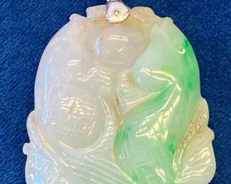 VBB505 Vintage Hand Carved Jadeite Jade Pendant Koi & Lotus Motif