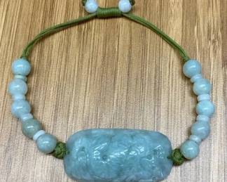 VBB168 Handwoven Bracelet w/Natural Jadeite Beads & Central Carved Charm