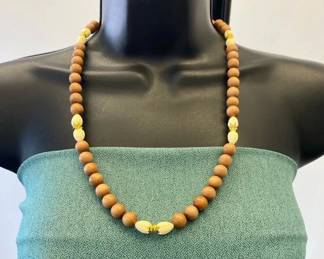 VBB521 Handcrafted Sandalwood Bead Necklace with Pikake Bud Accents