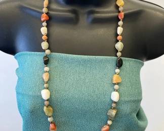 VBB517 Long Multi-Stone Beaded Necklace – Natural Stone Nugget & Earth Tone Artisan Style Necklace
