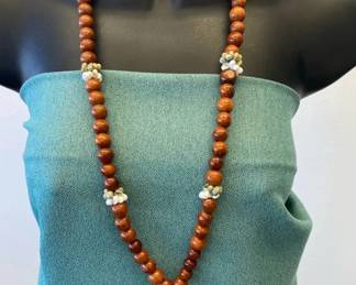 VBB519 Handcrafted Wooden Bead Necklace w/Huge White Cut Crystal & Garnet Pendant
