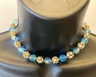 VBB515 Vintage Style Blue Aurora Borealis Crystal & Rhinestone-like Beaded Choker Necklace