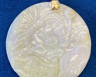 VBB504 Large Vintage Botanical Carved Lavender? White? Jade Pendant with Gold-toned Bail