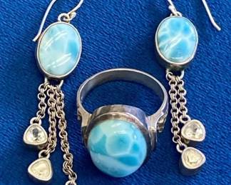 VBB212 Sterling Silver Larimar Jewelry Set – Ring & Dangle Earrings with White Crystal Accents