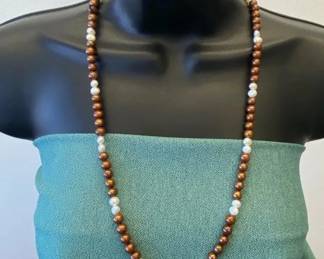 VBB511 Vintage-Style Brown & White Faux Pearl Beaded Elegant Long Strand Necklace