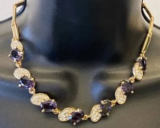 VBB512 Elegant Gold-Tone Necklace with Purple Faceted Stones & Clear Crystal Accents