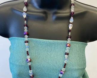 VBB514 Elegant Beaded Long Necklace – Purple, Frosted Glass & Iridescent Crystal